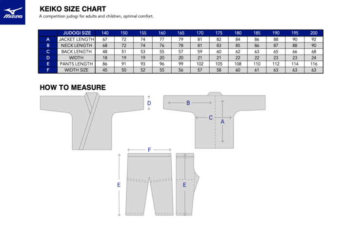 Mizuno Keiko II Judo Gi size chart