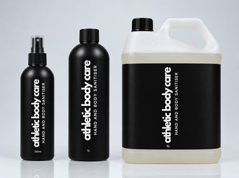Athletic Body Care Hand & Body Sanitiser bottle range line up