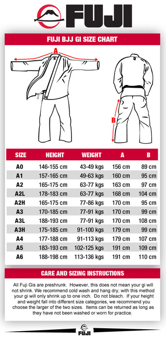 Fuji Sekai 2.0 BJJ Gi White size chart