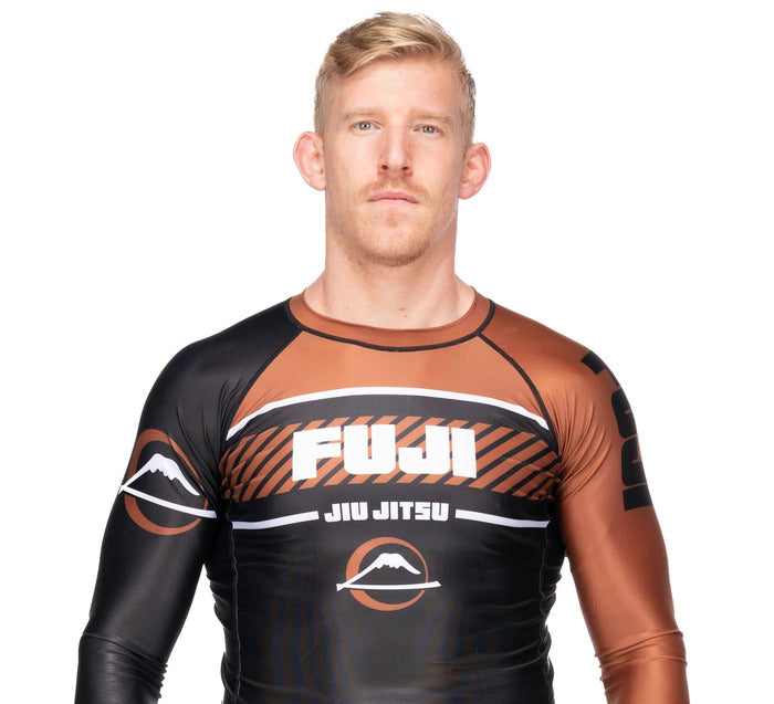 Fuji Brown Freestyle 2.0 Long Sleeve IBJJF Rash Guard close up