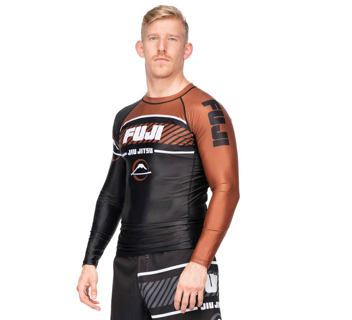 Fuji Brown Freestyle 2.0 Long Sleeve IBJJF Rash Guard front left view