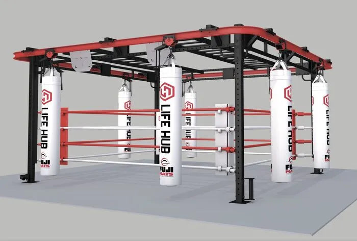 Fuji Matrix Boxing Ring view from the side with custom coloured Rail and custom print Fuji Heavy Bags