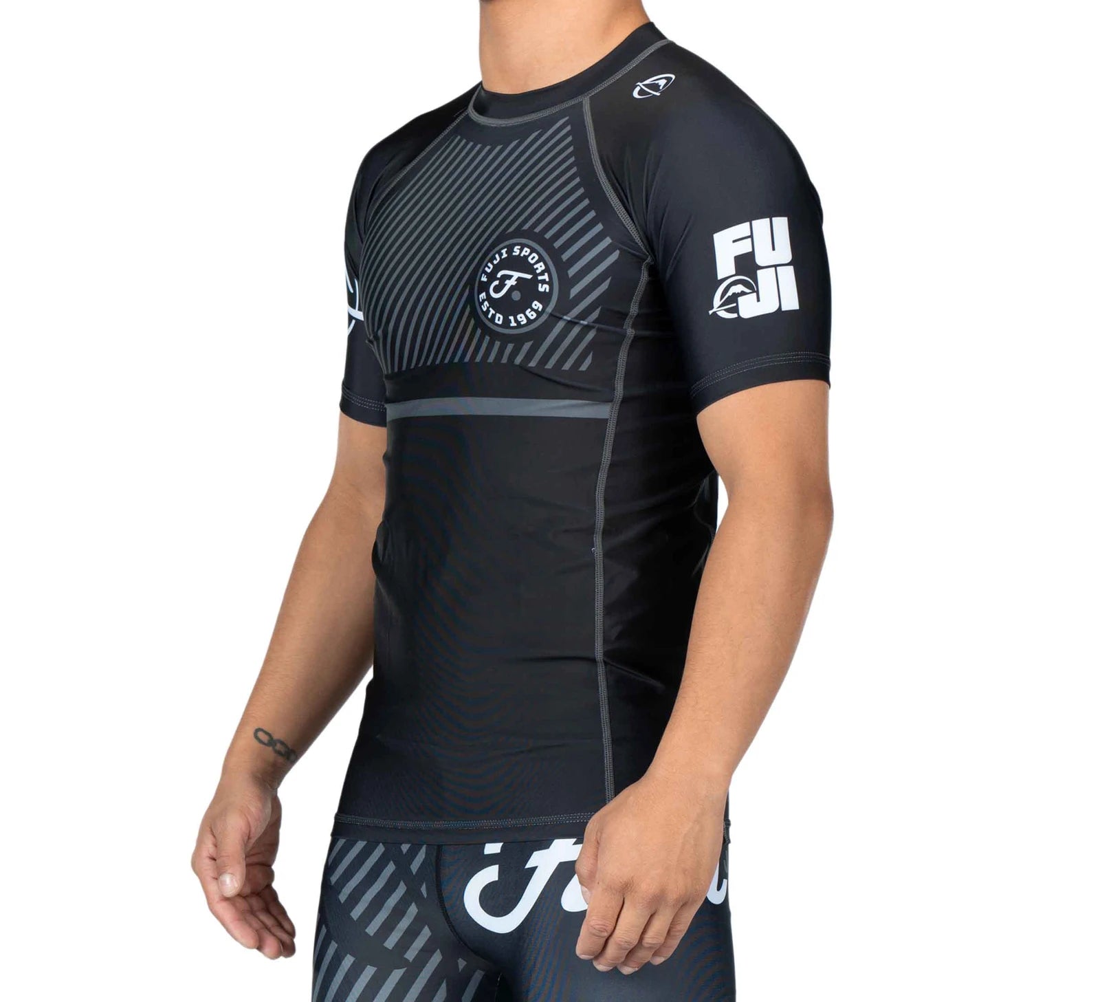 Fuji Grey Script Short Sleeve BJJ Rash Guard front left view