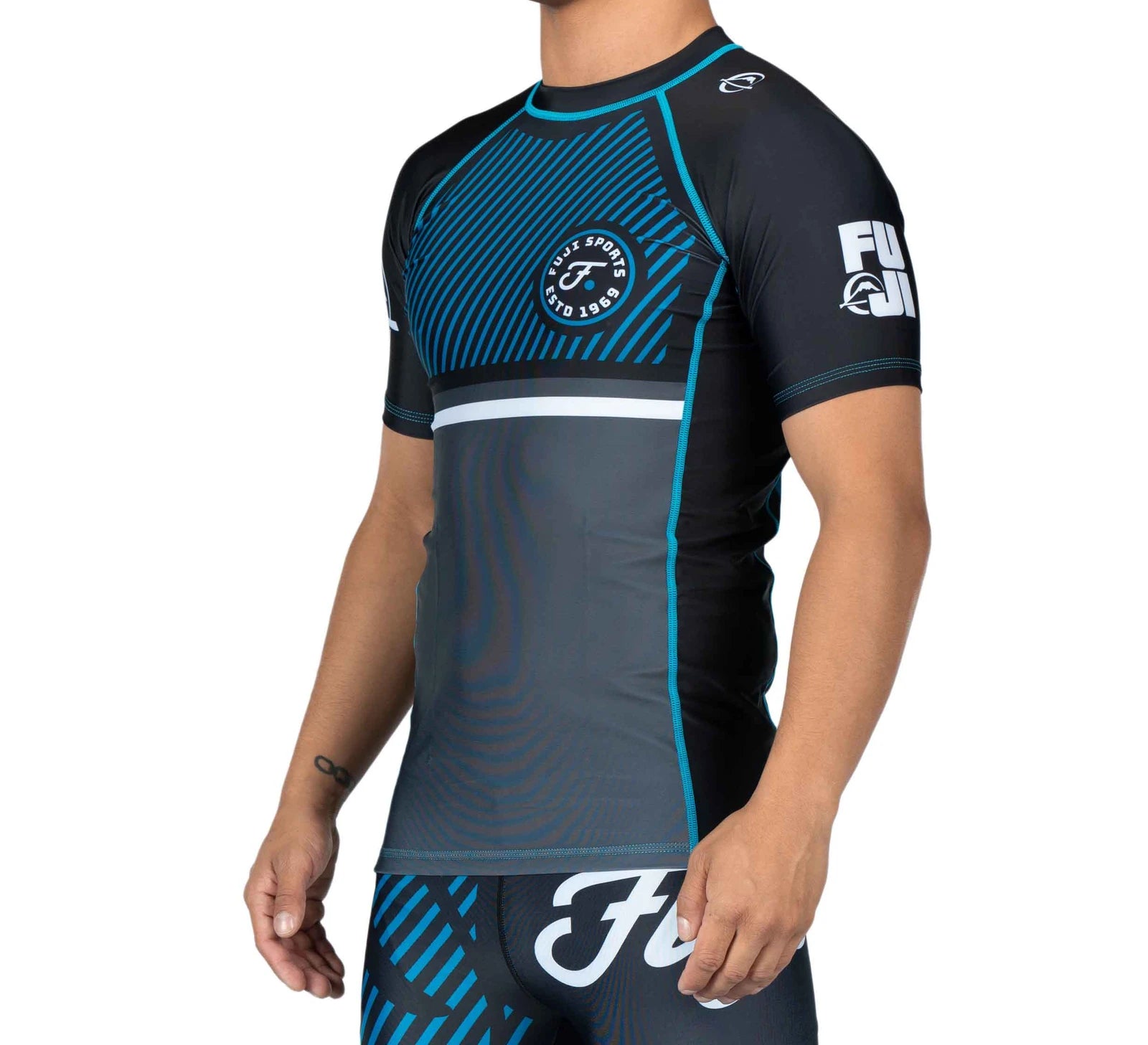 Fuji Blue Script Short Sleeve BJJ Rash Guard front left view