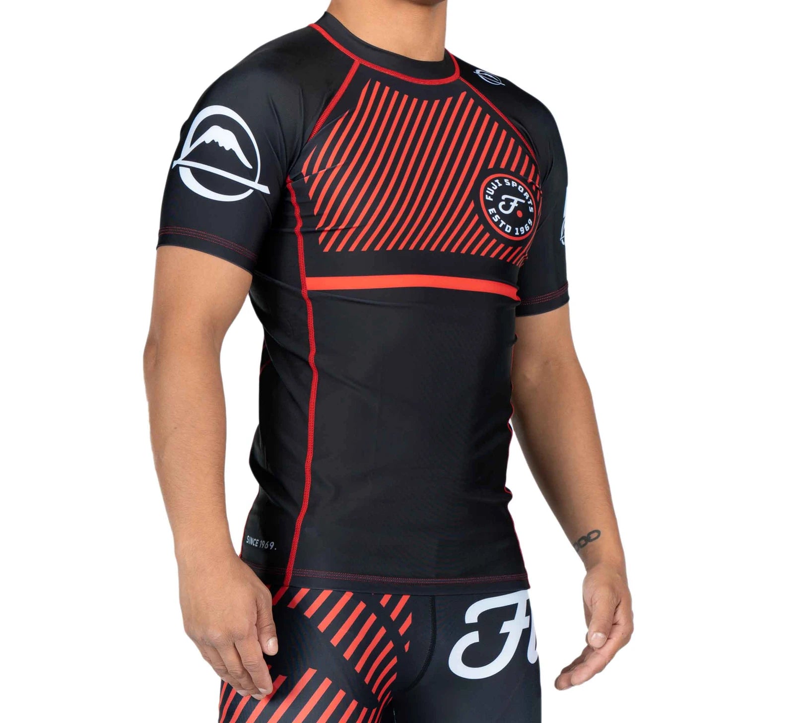 Fuji Red Script Short Sleeve BJJ Rash Guard front right view