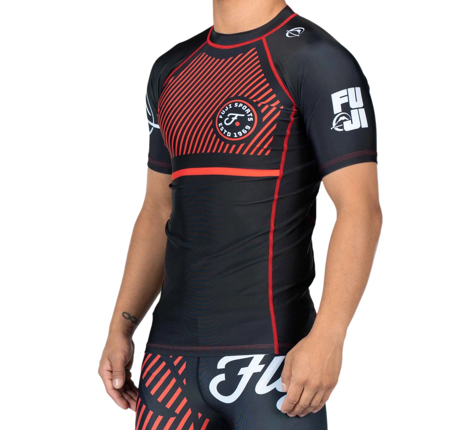 Fuji Red Script Short Sleeve BJJ Rash Guard front left view