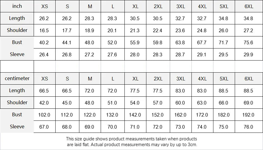 GRPL Tec Custom Puffer Jacket size chart