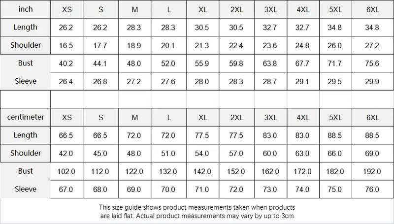 GRPL Tec Custom Puffer Jacket size chart