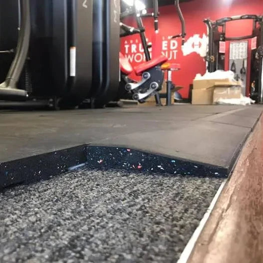 Legend 25mm Gym Tile Ramp installed against 25mm Gym Tiles