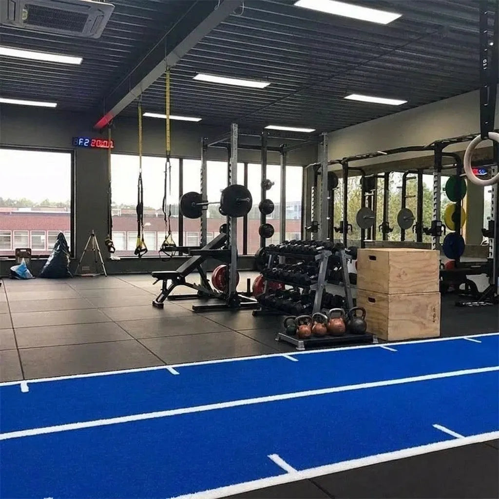 Legend Custom Speed Turf in Blue and White lines in the gym