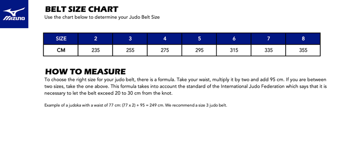 Mizuno IJF Approved Black Belt - Red Label size chart