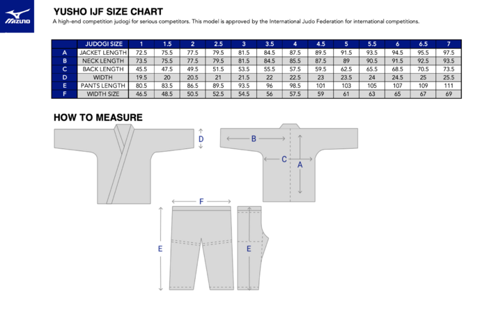 Mizuno IJF Yusho II Judo Gi -size chart